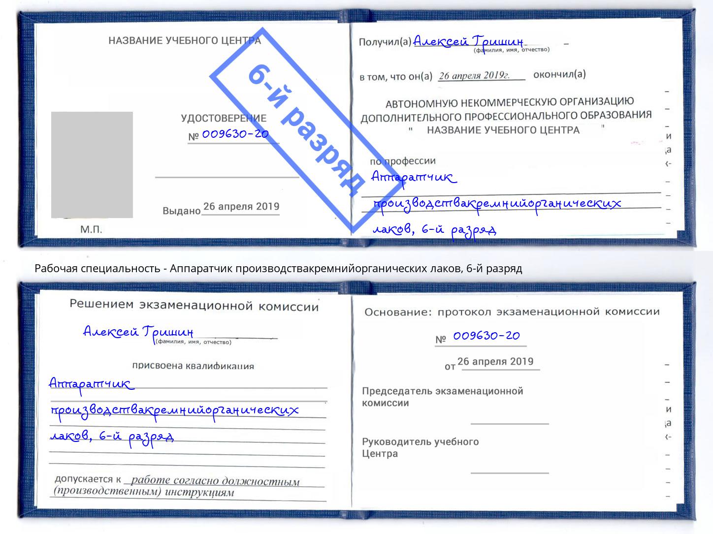 корочка 6-й разряд Аппаратчик производствакремнийорганических лаков Крымск