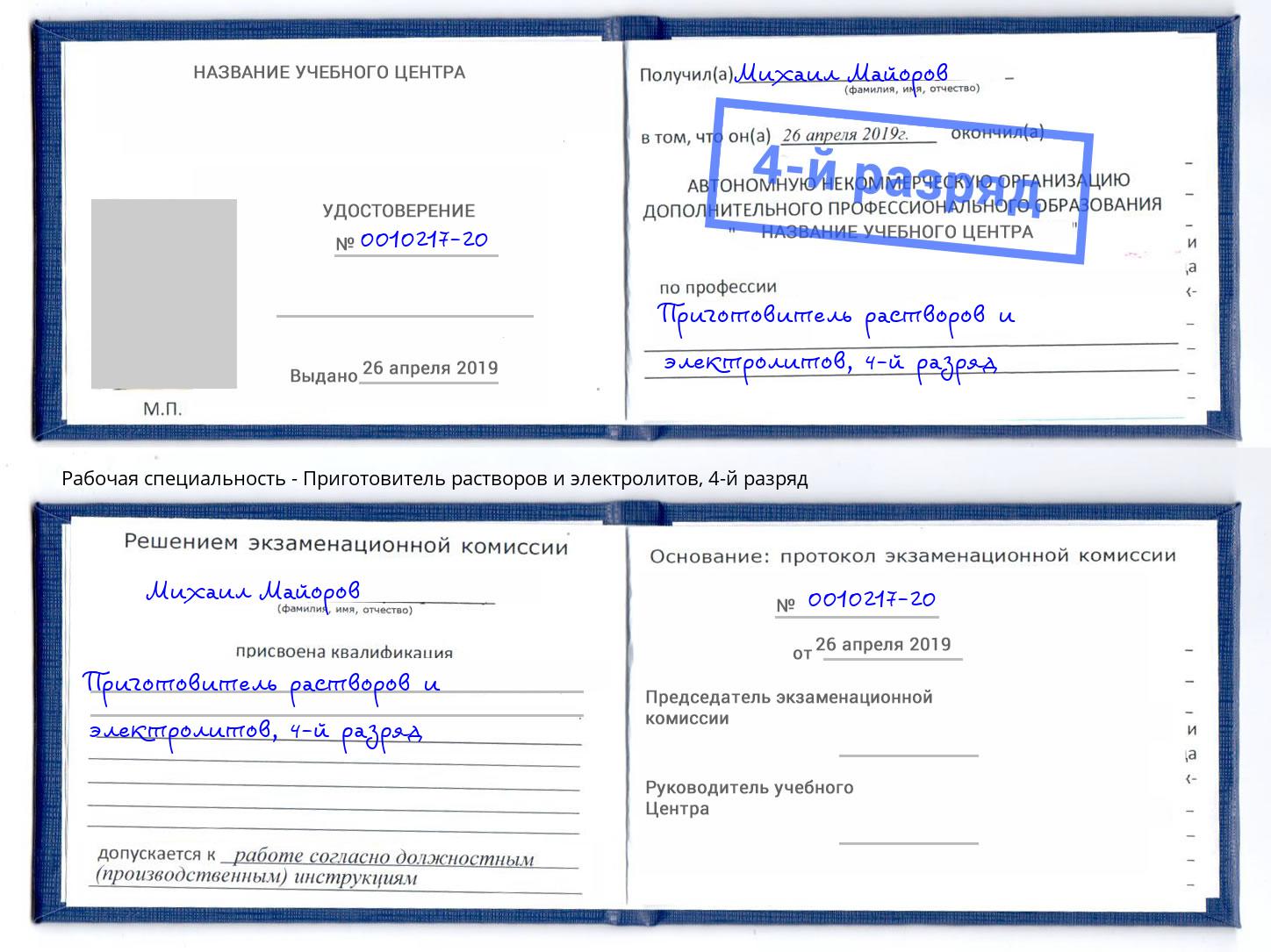 корочка 4-й разряд Приготовитель растворов и электролитов Крымск