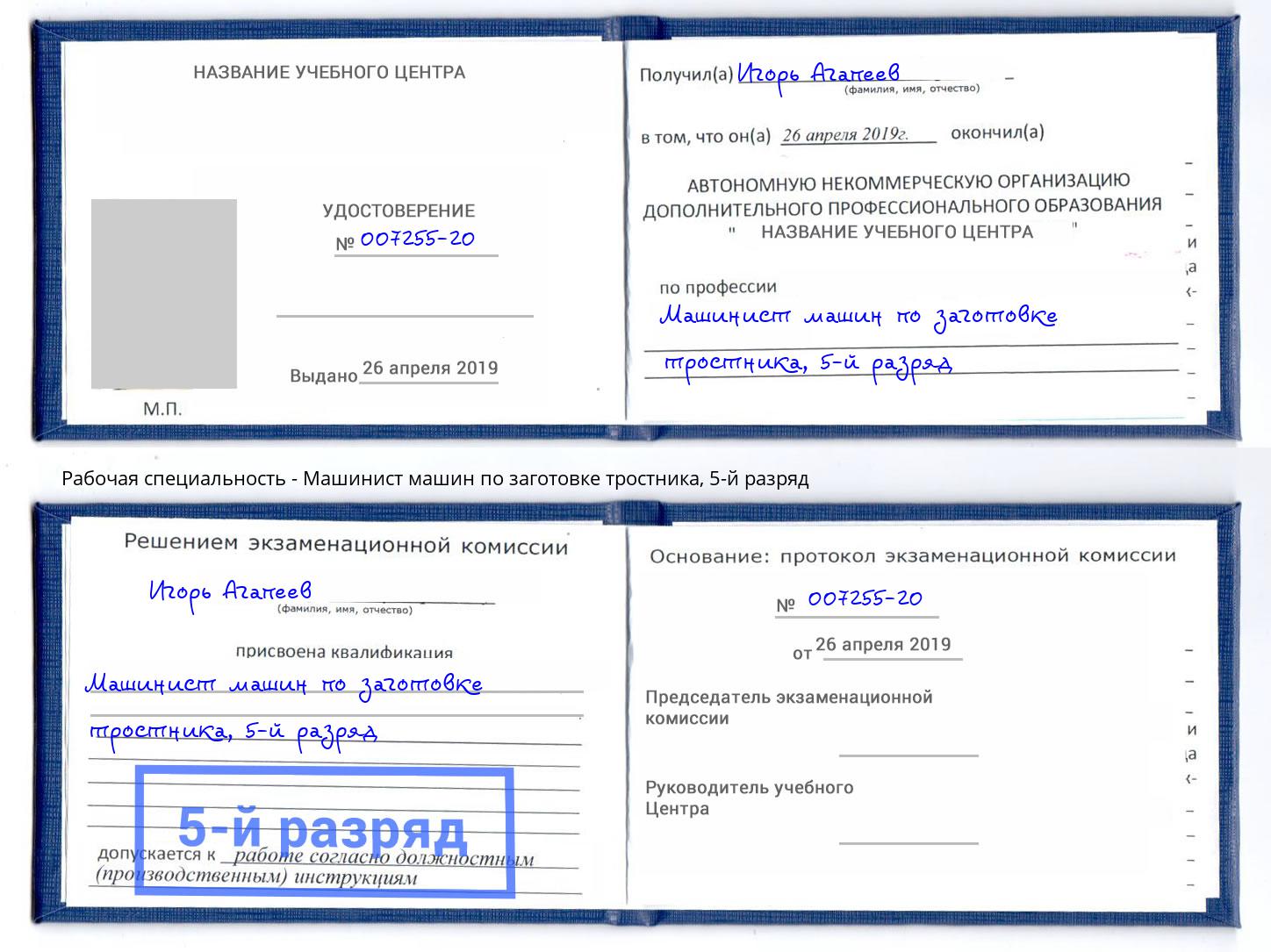 корочка 5-й разряд Машинист машин по заготовке тростника Крымск