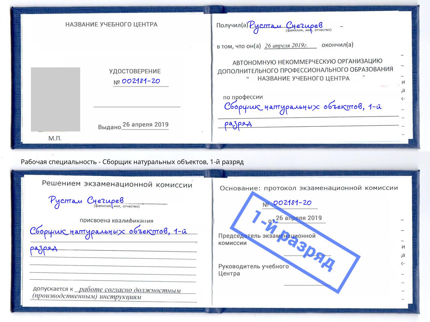 корочка 1-й разряд Сборщик натуральных объектов Крымск